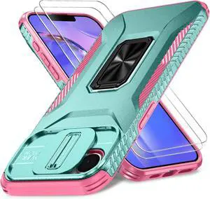Case for iPhone 16e with Slide Camera Cover+Screen Protector(2 Packs) Military Grade Shockproof Protective Cover Rotated Ring Kickstand(A - Celadon+Pink)