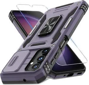 Case for  Galaxy A16 5G with Slide Camera Cover+Screen Protector (1 Pack) Rotated Ring Kickstand Military Grade Shockproof Protective Cover-Deep Purple