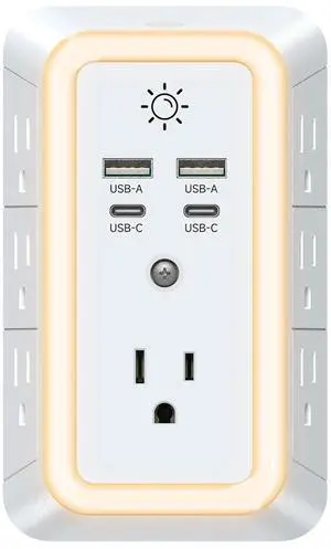 Multi Plug Outlet USB Wall Charger Surge Protector 7 Outlet Extender with 4 USB Charging Ports (2 USB C) 1680J Power Strips Outlets with Night Light Wall Plug Adapter Spaced for Home Travel Office