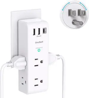 Surge Protector Outlet Extender with Rotating Plug - 6 AC Multi Plug Outlet with 3 USB Ports (1 USB C) 1800J Wall Charger 3-Sided Power Strip Spaced Outlet Splitter for Home Office Travel