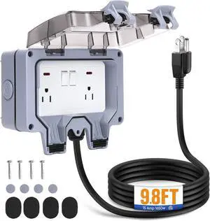 Outdoor Power Outlet Outdoor Extension Cord Waterproof Double Wall Outlet Extender with On-Off Switch and Indicator LightExterior Electric External Power Outlet Outside Outlet (9.8FT)