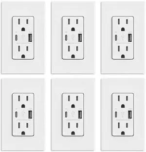 ELEGRP USB Outlets, 15 Amp Wall Outlet with USB Ports, 21W USB Outlets Receptacles with Type A & Type C Ports, Tamper Resistant Receptacle, Wall Plate Included, Ul Listed (6 Pack, Matte White)