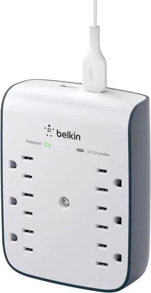 6-Outlet Wall Surge Protector w/ 2 USB-A Ports Wall-Mountable Surge Protector for Home Office Travel Computer Desktop Laptop Phone Charger & More - 900 Joules of Protection