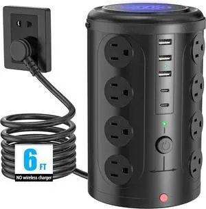 Tower Power Strip Surge Protector with 16 Outlets and 5 USB Ports (2 USB-C) 6FT Extension Cord with Multiple Outlets Heavy Duty Charging Station Home Office Dorm Room Essentials. No Wireless Charging