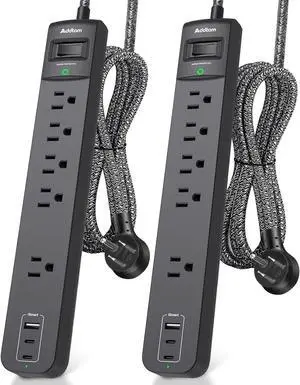 2 Pack Power Strip Surge Protector - 5 Widely Spaced Outlets 3 USB Charging Ports 1875W/15A with 6Ft Braided Extension Cord Flat Plug Overload Surge Protection Wall Mount for Home Office
