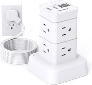 Tower Surge Protector Power Strip 10 ft Long Flat Extension Cord with Multiple Outlets 8 AC Outlets with 4 USB Ports Desktop Charging Station for Multiple Devices for Home Office College Dorm