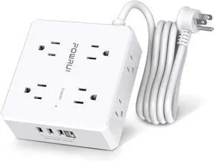 Surge Protector Power Strip - 6 Ft Flat Plug Extension Cord with 8 Widely Outlets and 4 USB Ports(1 USB C) 3 Side Outlet Extender for Home Office White ETL Listed