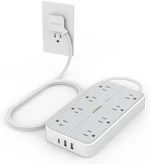 Power Strip Surge Protector Flat Plug Extension Cord with 8 Outlets 3 USB Charger(1 USB C) 1080 Joules Protection Wall Mountable Charging Station for Home Office School Dorm Room Essentials