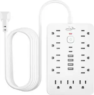 6 FT Flat Plug Surge Protector Power Strip 11 Multiple AC Outlets with 6 USB Ports (2 USB C) 6 Feet Extension Cord 1250W/10A One Touch Switch Button 17 in 1 Compact powerstrip-White