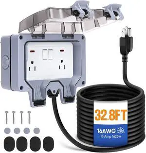 Outdoor Power Outlet Outdoor Extension Cord Waterproof Double Wall Outlet Extender with On-Off Switch and Indicator LightExterior Electric External Power Outlet Outside Outlet (32.8FT)