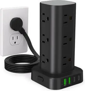 Power Strip Tower with Multiple Outlets Flat Plug Surge Protector Tower Extension Cord with 12 AC Outlets 4 USB Ports (2 USB C) 6FT Cord Power Tower Surge Protector for Home Office Dorm Room Black