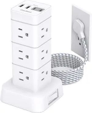 Surge Protector Power Strip Tower 12 Outlets 4 USB (2 USB C) 6Ft Flat Plug Extension Cord with Multiple Outlets Desktop Charging Station for Multiple Devices Office Desk College Dorm Essentials