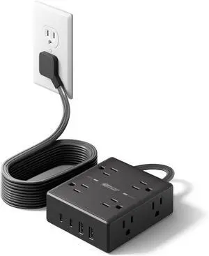 10Ft Extension Cord with Multiple Outlets Flat Plug Power Strip Surge Protector with 10 Ft Long Cord 8 Outlet 4 USB Ports (2 USB C) Multi Outlet Wall Plug for Office College Dorm Room Essentials