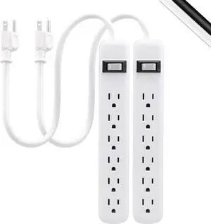 6-Outlet Power Strip 2 Pack 1.5 Ft Extension Cord Heavy Duty Plug Grounded Integrated Circuit Breaker 3-Prong Wall Mount UL Listed White 14833