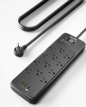 Surge Protector Power Strip 5FT(4080J) Black Surge Protector with 12 Outlets - Spacious Design for Large Plugs Flat Plug 20W USB C Charging for Home Office ETL Listed