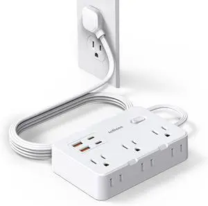 Flat Plug Power Strip Surge Protector 5ft Ultra Thin Extension Cord with 4 USB Wall Charger(2 USB C Port) 6 Widely-Spaced Outlets Power Strip Compact for Travel Office Dorm Room Essentials (White)