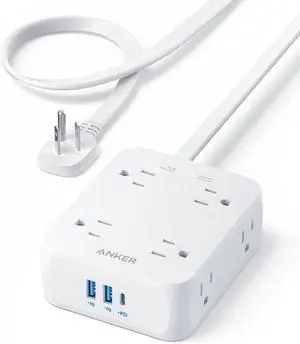 Surge Protector Flat Plug Power Strip 2000J 5ft Thin Extension Cord 8 Outlets 2 USB A and 1 USB C Port 20W for iPhone15 Wall Mount Compact for Home Office Room TUV Listed