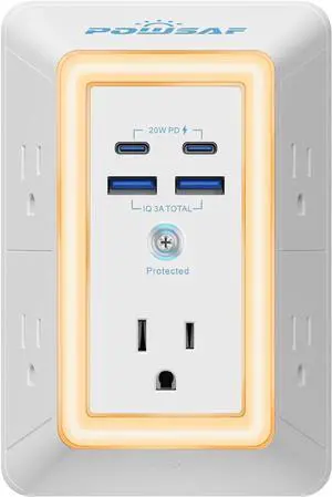 Multi Plug Outlet Surge Protector - 5 Outlet Extender with 4 USB Ports(2 USB-C PD 20W) and Night Light 3-Sided Power Strip with Adapter Spaced Outlets - ETL White