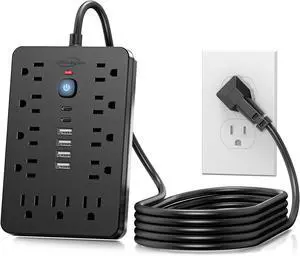 6 FT Flat Plug Surge Protector Power Strip 11 Multiple AC Outlets with 6 USB Ports (2 USB C) 6 Feet Extension Cord 1250W/10A One Touch Switch Button 17 in 1 Compact powerstrip
