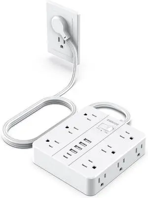 Power Strip Flat Plug with 12 Outlets 6 USB(2 USB C) Surge Protector Charging Station with Overload Protection 5ft Extension Cord Widely Spaced Multiple Outlets for Home Office Dorm Essentials
