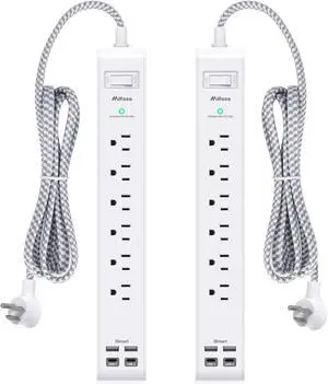 2 Pack Power Strip Surge Protector, 6 Outlets 4 USB Ports (2 USB C) 5Ft Long Extension Cords, Flat Plug Overload Protection Outlet Strip, Wall Mount for Home, Office and Dorm Essential, ETL Listed