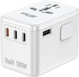 PD100W GaN Universal Travel Adapter International Power Adapter in One 3 USB C & 1 USB A & AC Outlet Travel Adapter Worldwide Plug Adapter with USA EU UK AUS Plugs for Laptops Tablets Phones