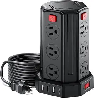 Power Strip Surge Protector 10 Ft Extension Cord with 12 AC Multiple Outlets 4 USB (1 USB C) Power Tower Desktop Charging Station (Black 6.5 FT)