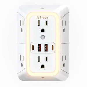 Wall Outlet Extender with Night Light Power Plug Adapter 6 Outlet Extender with 4 USB Charging Ports 1050J Power Strip Multi Plug Adapter Spaced for Home Travel Office (2U2C)