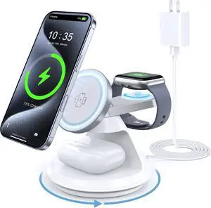 3 in 1 Charging Station for  MagSafe Charger Compatible 15W Magnetic Wireless Charger Stand 360° Rotating Dock Wireless Charging Station for iPhone 16 15 14 13 12 Series for iWatch for AirPods