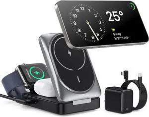 3-in-1 Wireless Charger Charging Station for iPhone Qi2 Certified 15W Fast Charging Foldable Magnetic Charger Stand with 30W USB C Adapter for MagSafe iPhone 16/15/14/13/12  Watch AirPods