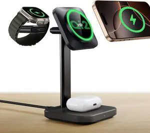 Qi2 3 in 1 Wireless Charging Station [Certified]  Watch Charger & 15W Qi2 MagSafe Charger Stand for iPhone Wireless Charger for Multiple Devices iPhone 16/15/14/13&Watch&AirPods Black