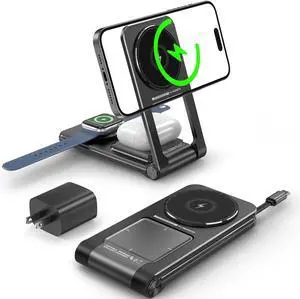3 in 1 Magnetic Wireless Charger Foldable Charging Station Built-in Retractable Cable 15W Portable Wireless Charging Stand for iPhone 16 15 14 13 12  Watch AirPods (20W Adapter) (Black)