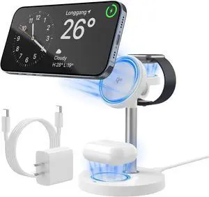 3 in 1 Wireless Charging Station Qi2 Mag-Safe Charger for  15W Fast Wireless Charger Stand for iPhone 16/15/14/13/12 Watch Fast Charger Magnetic Charger for AirPods