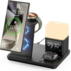 Wireless Charger for /Android 6 in 1 Phone Nightstand Charging Station Charger with Alarm Clock/Night Light for  S25/S24/S23 Ultra/Buds3 Pro Watch Charger for Galaxy Watch 7/6/5-Black