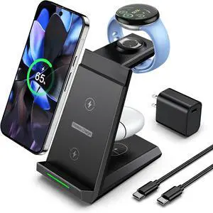 Wireless Charger for Google - 3 in 1 Wireless Charging Station Fast Charger Stand Dock for Pixel 9 Pro XL/9/Fold/8/7/7A/6 Buds Pro 2/Pro Watch 3/2 Fitbit Versa 4/Sense 2(Not for Pixel Watch 1)