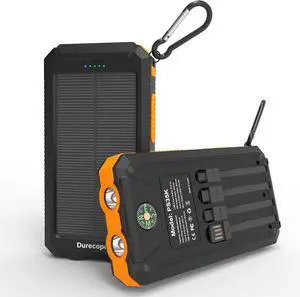 Solar Charger Power Bank 20 000mAh Portable Charger 4 Cables 3 Ports Fast Charging External Battery Pack with USB C for Cell Phones Solar Panel Charger with Dual Flashlight for Camping