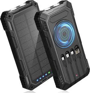 Solar Charger 49800mAh Power Bank - Wireless Portable Phone Charger with 4 Built-in Cable 22.5W Fast Charging Battery Pack USB C in/Output for All Cell Phone iPhone Galaxy Android Etc(Black)