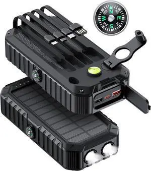 Solar Charger Power Bank 40000mAh Built in 4 Cables and Hand Crank Portable Charger 22.5W Fast Charger 6 Outputs & 4 Inputs External Battery Pack with Bright Flashlight and Compass