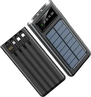 Power-Bank-Solar-Charger - 20000mAh Portable Charger Solar Power Bank Camping External Backup Battery Pack Fast Solar Panel Charger with Dual Flashlight and 4 USB Cables (Black)