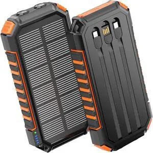 Solar Power Bank Portable Charger 27000mAh Built-in 3 Cables Solar Phone Charger - 15W PD QC 3.0 Fast Charging Outdoor Battery Pack for iPhone Android Dual Flashlight (Orange)