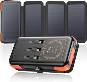 Wireless Solar Power Bank 25000mAh Solar Charger with Built-in 3 Cables Dual Outputs 4 Solar Panels & 3 LED Flashlights Portable Phone Charger for Outdoor Camping
