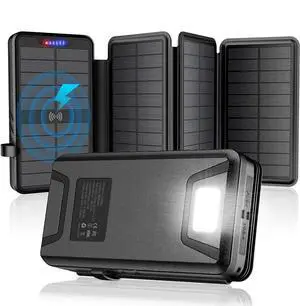 Solar Charger 38800mAh Power Bank with Dual 5V3.1A Outputs 10W Qi Wireless Charger Waterproof Built-in Solar Panel and Bright Flashlights