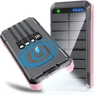 Solar Power Bank Wireless Charger 33800mAh Built in 4 Cables and LED Camping Lights 22.5W Fast Charging Power Bank 7 Outputs 4 Inputs Portable Charger Compatible with All Mobile Devices (Pink)