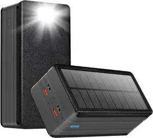 Solar Power Bank Battery Pack 80000mAh PD 22.5W Fast Charging Cellephone Charger USB-C in&Out with 9 LED Lights 3 Modes Flashlight Compatible with iPhone Tablet Earphone for Camping Outdoor