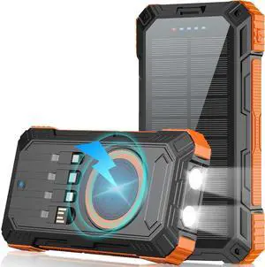 Solar Charger Power Bank 49800mAh Wireless Portable Phone Charger 22.5W QC3.0 Fast Charging Built in 4 Cables with USB C 6 Outputs & 2 Inputs for Cell Phone Orange