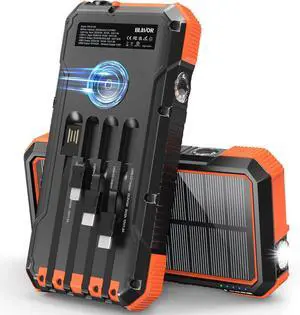 Solar Power Bank 20000mAh Built-in 4 Cables 20W Fast Charging Portable Charger with USB C in/Output Flashlight Battery Pack for iPhone 16/15/14/13/12/11 iPad  Watch All Mobile Phones