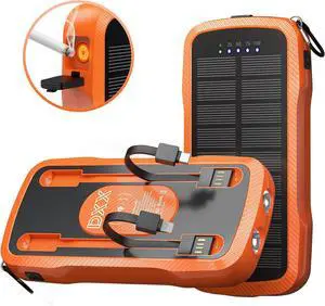 Solar Charger Power Bank 10000mAh - Portable Fast Built-in 2 Cables Dual USB 5V Outputs for All Mobile Devices Solar Power Bank Wireless Charger with Dual Flashlights (Orange)