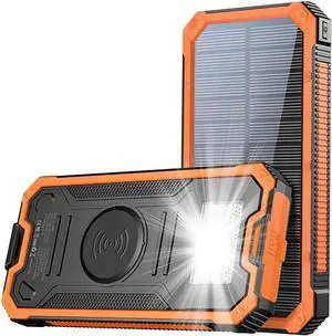 Solar Charger Power Bank 20 000mAh Portable Wireless Charger with USB C Input/Output for Cell Phones External Battery Pack with Dual Flashlight for Camping