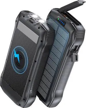Solar Charger Power Bank, 40000mAh Wireless Portable Charger with USB-C Cable, PD 20W Fast Charging External Batter with Dual Flashlight for Camping, Hiking, and Outdoor Use