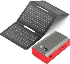 Portable Power Bank with AC Outlet 65W 110V External Battery Pack 24000mAh Portable Laptop Charger with 30W Foldable Solar Panel Charger for Outdoor Smart Device Camping RV Trip Off Grid-Red
